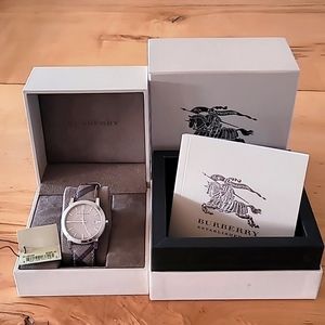 Burberry Silver Watch with Plaid Leather Band